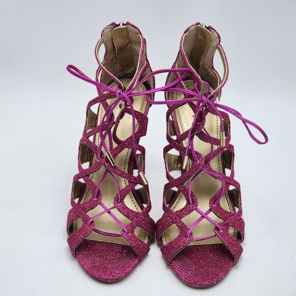 Belle Badgley Mischka Zandra Lace Up Strappy Pink Glitter Heels Size 7 - Picture 2 of 9